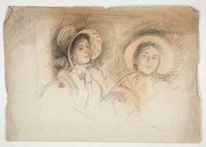 Vázlat két fiatal nőről motorháztetőben (azonosítatlan ülők) alkotó: Edwin Austin Abbey