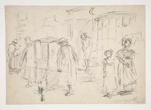 Utcai jelenet tanulmányozása szedán székkel. alkotó: Edwin Austin Abbey