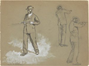 Három vázlat egy fegyveres emberről (recto); Ábratanulmányok és A. S. Wina portréja (?) (fordítva) alkotó: Edwin Austin Abbey