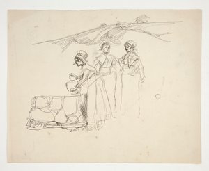 Három nő egy jól azonosítatlan illusztrációnál alkotó: Edwin Austin Abbey
