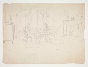 Két férfi asztalnál egy belső térben alkotó: Edwin Austin Abbey