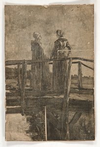 Cím nélküli fagravírozás: E.A. Két hölgy apátsága (?) egy fa gyaloghídon - illusztráció William Black számára alkotó: Edwin Austin Abbey