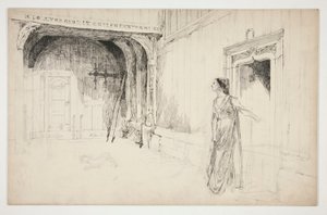 Nő és kutya egy belső térben - (azonosítatlan illusztráció egy színdarabhoz?) alkotó: Edwin Austin Abbey