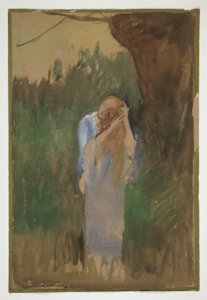 Tájképben álló nő, hosszú, szőke haját fésülve – (azonosítatlan illusztráció) alkotó: Edwin Austin Abbey