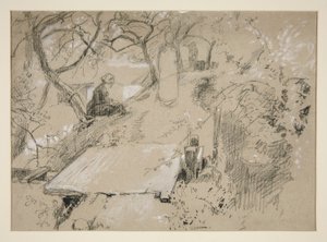 Nő ül a padon egy kertben vagy nyilvános parkban - azonosítatlan illusztráció alkotó: Edwin Austin Abbey