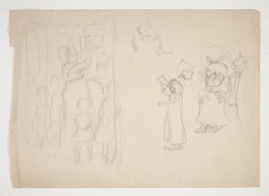 Nő gyerekekkel és rajzfilm - azonosítatlan illusztráció alkotó: Edwin Austin Abbey