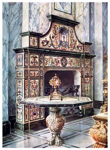 Kéménydarab és asztal színes firenzei mozaikból, 1910