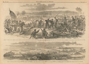 Antietami csata - Burnside hadosztálya, balszárny - ragyogó és döntő, Hawkins zouave-jének, Kimball ezredesnek szuronyrohamai a lázadók dombon lévő ütegénél, az Antietam patak jobb partján, Sharpsburg közelében, szeptember 17-én délután--Utter alkotó: Edwin Forbes
