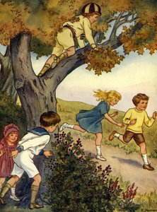 Gyerekek bujkálnak egy fában és mögött