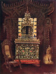 Ázsiai bútorok Lord Curzon of Kedleston gyűjteményéből, G.C.S.I., D.C.L. stb. Burmai faragott és aranyozott ajtónyílás Mandalay-ből. Buddhista kéziratos doboz (Poongyi) és szentély (Sadaik) Wood E