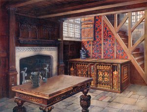 Intarziás Nonesuch láda. Faragott „rajz” asztal, Shibden Hall. Faragott kéménydarab Chiddingstone-ban. A legkorábbi angol tapéta a Borden Hallban alkotó: Edwin John Foley