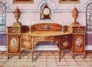 Festett és intarziás szaténfa kredenc. Mahagóni konzolos óra alkotó: Edwin John Foley