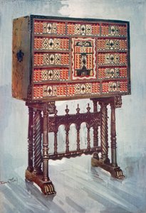 Vargueno gesztenyés, elefántcsont stb. szekrény, festett és aranyozott kovácsoltvas és acél tartókkal: csavart, esztergált és faragott állványon alkotó: Edwin John Foley