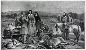 Viktória királynő partraszállás a Loch Muicknál, az 1850-es festmény után alkotó: Edwin Landseer