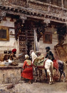 Kézműves tokokat árul egy teakfa épületben, Ahmedabad, 1885 körül alkotó: Edwin Lord Weeks