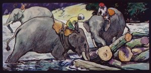 Elefántok, akik rönköket kezelnek a folyóban (színes litó)