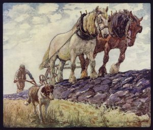 Angol szekér-lovak szántás (színes litho)