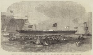 Őfelsége új jachtjának, a Victoria and Albertnek a vízre bocsátása a pembroke-i Royal Dockyardban