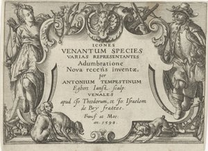 Címnyomat egy vadászjeleneteket tartalmazó sorozathoz Vadászjelenetek (sorozat címe) Icones Venantum Species Varias Representantes (sorozat címe az objektumon)