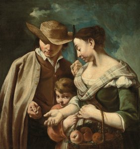 Gyümölcsárus és egy fiatal fiú, kosárnyi őszibarackkal, körtével és szőlővel, tájképben, kezében pisztolyt és érmét tartó férfi, 1705-84 körül (olaj, vászon). alkotó: Egidio (attr.to) Dall