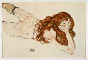 Női akt hason fekve - Nude on her ... (gouache és fekete zsírkréta) alkotó: Egon Schiele