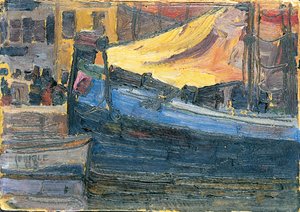 Horgonyzott csónakok házfallal a háttérben, 1908 alkotó: Egon Schiele