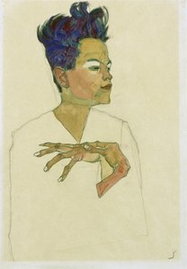 Önarckép kézzel a mellkason. (Önarckép Kezekkel a Mellkason). Egon Schiele (1890-1918) munkája, akvarell és kréta papíron alkotó: Egon Schiele