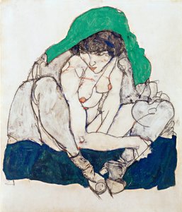 Guggoló nő zöld fejkendővel - Schiele, Egon (1890-1918) - 1914 - Fekete kréta, gouache papíron - 47x31 - Leopold Múzeum, Bécs alkotó: Egon Schiele