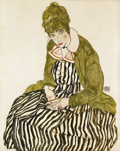 Edith Schiele csíkos ruhában, ülve. Egon Schiele (1890-1918) munkája, ceruza és gouache papíron alkotó: Egon Schiele