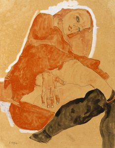 Lány piros köntösben és fekete harisnyában alkotó: Egon Schiele