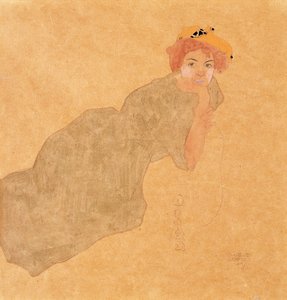 Lány olajbogyó színű ruhában, megtámasztott karral, 1908 alkotó: Egon Schiele