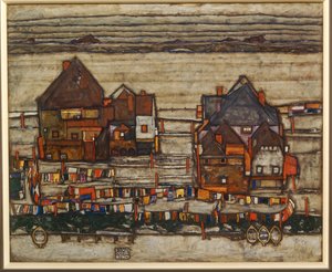 Házak és színes mosoda, külváros, két háztömbnyi ház is mosósorral ... alkotó: Egon Schiele