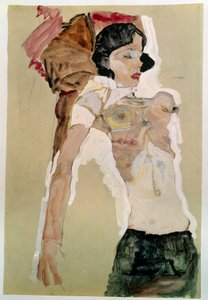 Félmeztelen nőstény. Egon Schiele (1890-1918) rajza, 1911 Ceruza és akvarell papírra. Mérete: 45,9x31,1 cm. Bécs, Graphische Sammlung Albertina