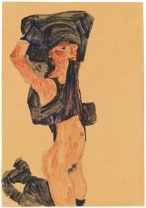 Térdelő lány, aki a szoknyáját a fejére húzza, 1910. alkotó: Egon Schiele