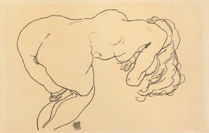 Hosszú hajú akt, előre dőlve, hátulnézet; Langhaariger Akt, vornubergebeugt, Ruckenansicht, 1918