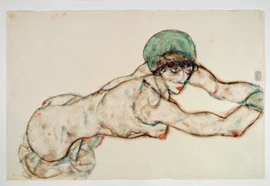 Jobbra fekvő akt nő zöld főkötővel (akvarell és ceruza) alkotó: Egon Schiele