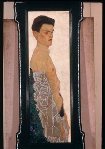 Akt önarckép díszes drapériával ... (olaj és fémfesték) alkotó: Egon Schiele