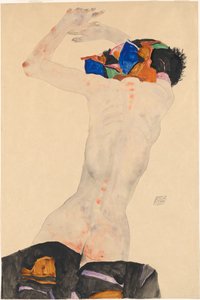 Rückenakt mit buntem Tuch Nude hátulról színes kendővel, 1911. alkotó: Egon Schiele