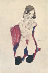 Ülő lány fekete harisnyával és összekulcsolt kézzel; Ülő lány fekete harisnyával, felemelt kézzel, 1911 alkotó: Egon Schiele