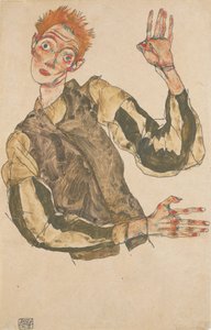 Önarckép csíkos karvédőkkel alkotó: Egon Schiele