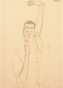 Önarckép felemelt karral és vörös szájjal alkotó: Egon Schiele