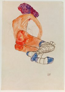 Ülő női akt kék harisnyakötővel, ... (gouache, akvarell, szén) alkotó: Egon Schiele