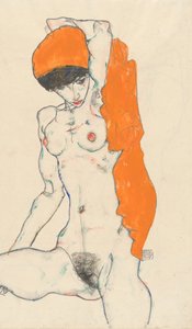 Álló akt narancssárga drapériával recto: Study of Nude with Arms Raised verso, 1914.