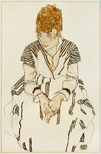 A művész sógornője csíkos ruhában, ülő helyzetben. alkotó: Egon Schiele