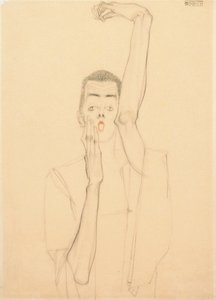 Fiatal férfi felemelt karral és vörös szájjal; Önarckép felemelt bal karral és vörös szájjal, 1909 alkotó: Egon Schiele