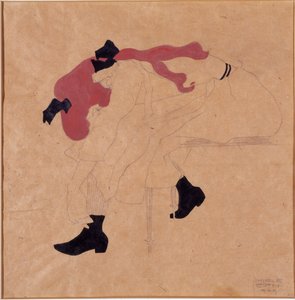 Fiatal lány fekete szalaggal, vörös hajjal, cipőt húz, 1909 alkotó: Egon Schiele