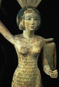 Női ajándékhordozó, kezében vízvázát és edényt a fején, egyiptomi, Középbirodalom, ie 1950 körül (stukkós és festett fügefa) (93791 részlet)