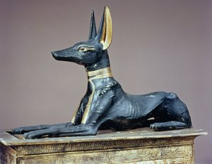 Anubisz, az egyiptomi halottak istene egy szentély formájú ládából, Tutanhamon sírjából (Kr. e. 1370-52) Újbirodalom (fa) (lásd még: 63054)