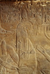 Anubisz tartja a múmiát, dombormű Maia, Tutanhamon dajkája sírjából, Szakkara, Egyiptom, Egyiptomi civilizáció, Újbirodalom, XVIII. dinasztia, részlet alkotó: Egyptian 18th Dynasty