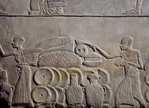 Élelmiszer-elrendezés raktárakban, mészkőfal dombormű, Horemheb memfiti sírjából Szakkarában, Egyiptomi civilizáció, Új Királyság, XVIII. dinasztia alkotó: Egyptian 18th Dynasty